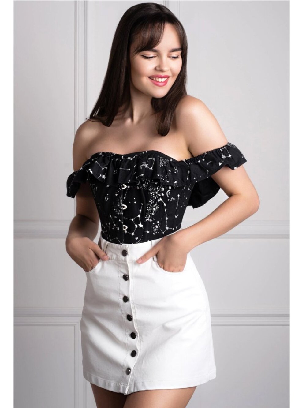 EU Galaxy Overbust Waist Trainer Corset Top US 12 Steel Boned Off Shoulder NWT